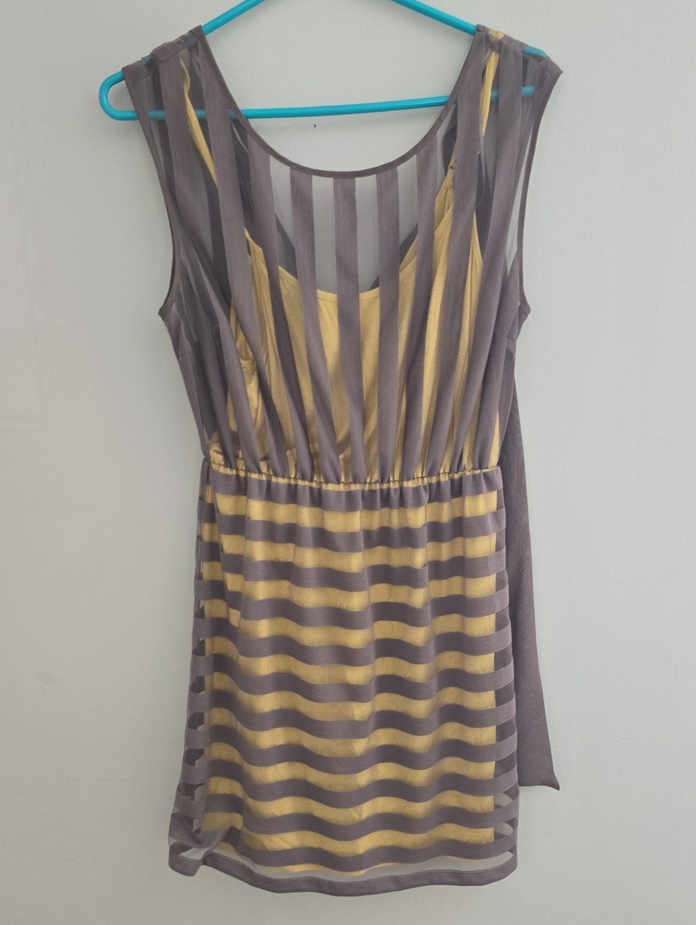 Jealous Tomato Yellow and Gray Striped Sheer Overlay Mini Dress